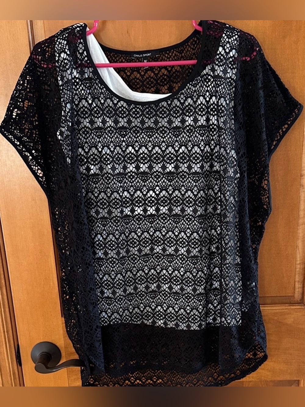 Chaus Sport Crochet Lace Knit Top XL Short Sleeve Black White Geometric Blouse